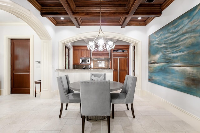 dining area with ornamental molding, a chandelier, coffered ceiling, beamed ceiling, and baseboards