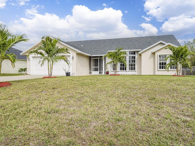 ranch-style home with stucco siding, a shingled roof, an attached garage, driveway, and a front lawn