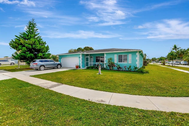 ranch-style home with an attached garage, a front lawn, concrete driveway, and stucco siding