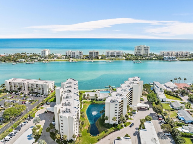 bird's eye view with a water view