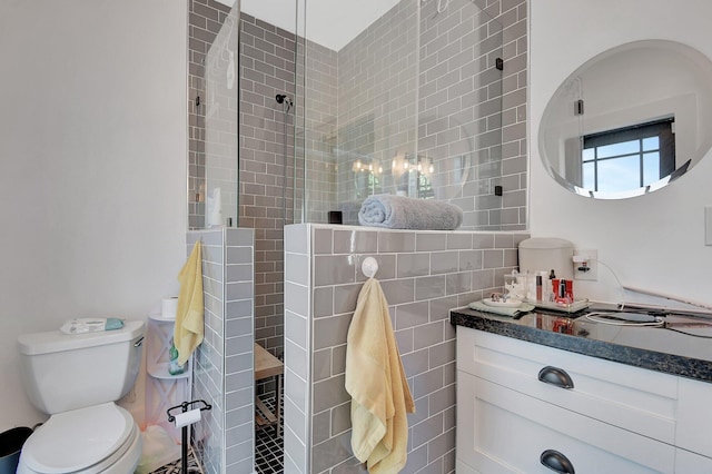 full bath featuring toilet, a walk in shower, tile walls, and vanity