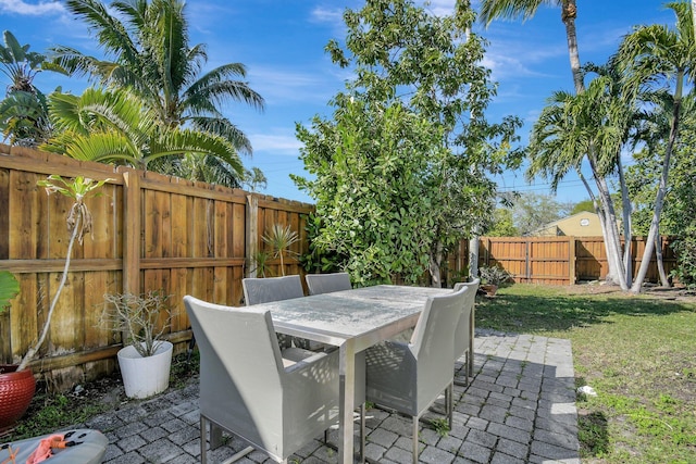 view of patio with outdoor dining area and a fenced backyard