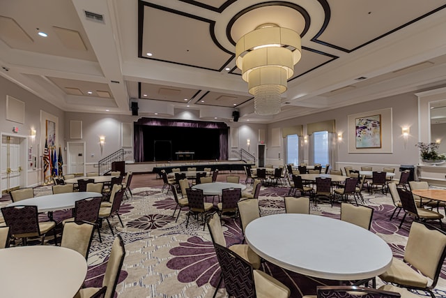 dining space featuring ornamental molding, beam ceiling, coffered ceiling, and visible vents