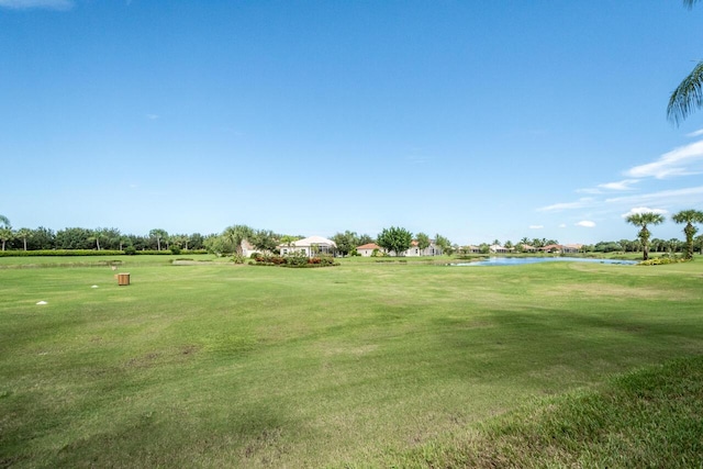 view of property's community featuring a water view and a lawn