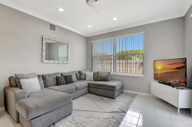 living area featuring light tile patterned floors, recessed lighting, visible vents, ornamental molding, and baseboards