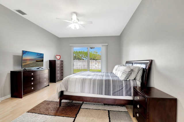 bedroom with ceiling fan, visible vents, baseboards, access to exterior, and light wood finished floors