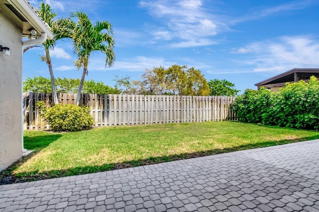 view of yard with a fenced backyard and a patio