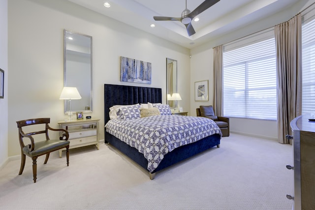 carpeted bedroom featuring recessed lighting, a ceiling fan, and baseboards