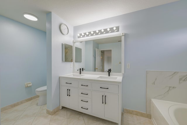 full bathroom with a garden tub, a sink, toilet, and double vanity