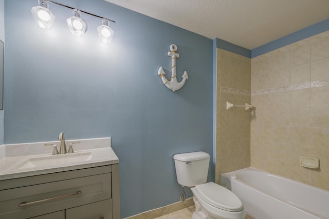 bathroom featuring shower / bathtub combination, toilet, vanity, a textured ceiling, and baseboards