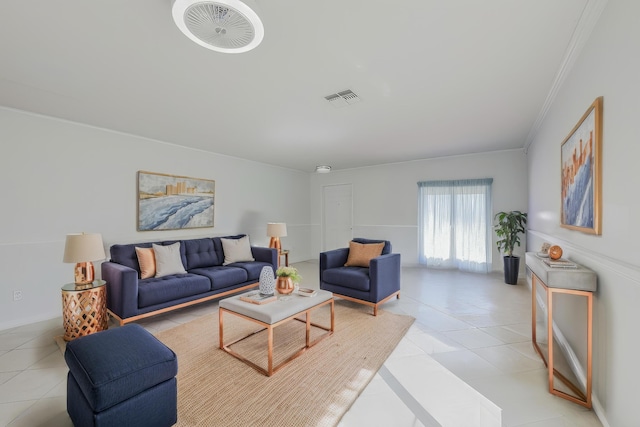 living area with light tile patterned floors, visible vents, and ornamental molding