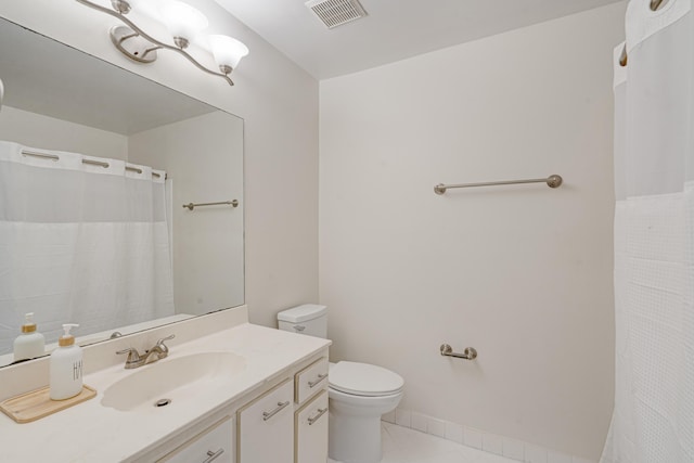 full bath featuring baseboards, visible vents, toilet, tile patterned floors, and vanity