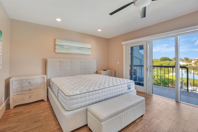 bedroom featuring access to exterior, ceiling fan, light wood-style floors, and recessed lighting