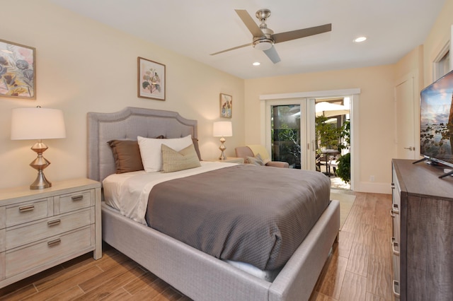 bedroom featuring access to outside, ceiling fan, light wood finished floors, and recessed lighting