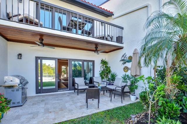 view of patio featuring an outdoor hangout area, grilling area, a balcony, and a ceiling fan