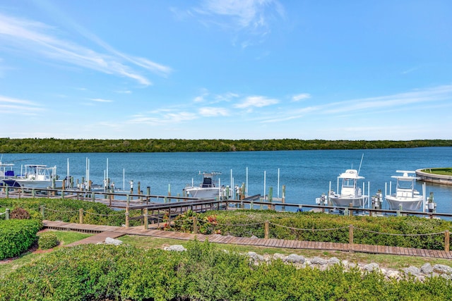 dock area with a water view and boat lift