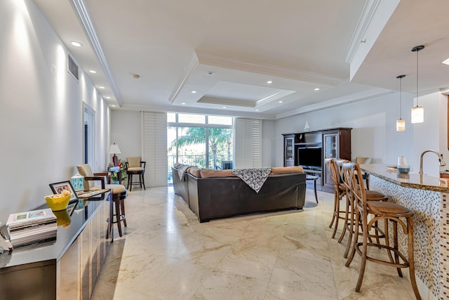 living room with marble finish floor, visible vents, recessed lighting, crown molding, and a raised ceiling