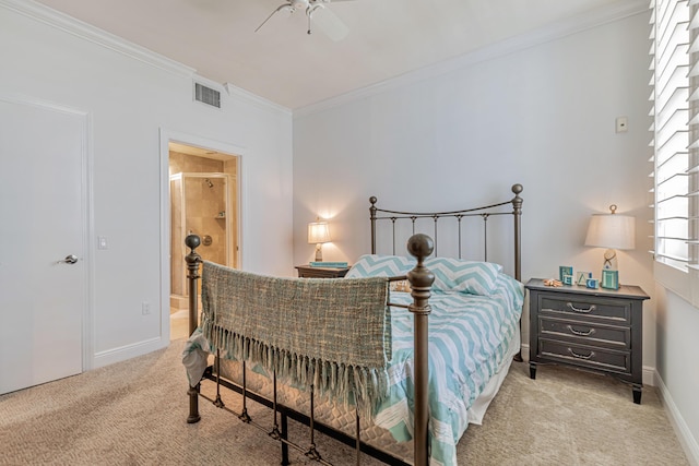 bedroom featuring light colored carpet, visible vents, ornamental molding, ceiling fan, and baseboards