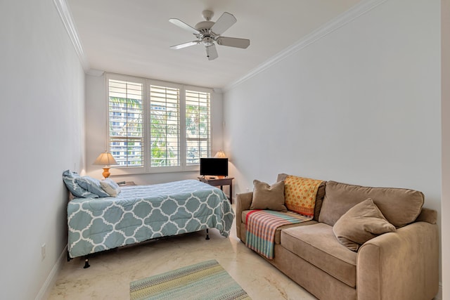 bedroom featuring baseboards, ornamental molding, and ceiling fan
