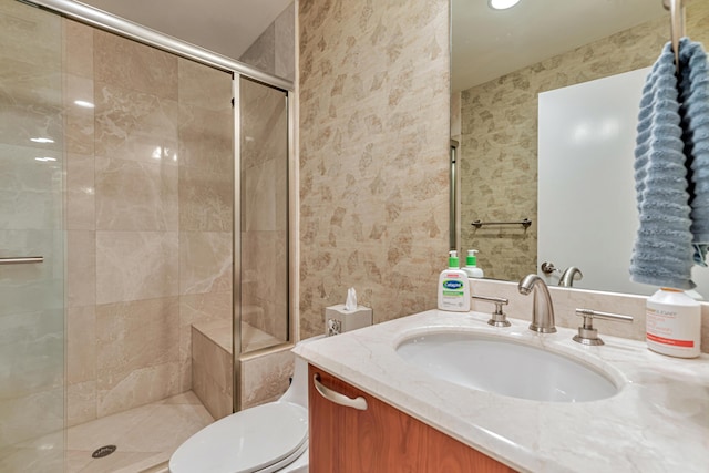 bathroom with a shower stall, vanity, and toilet