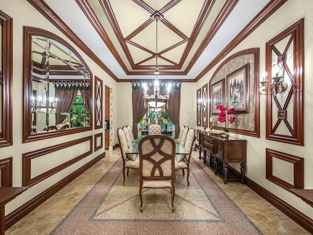 dining room with an inviting chandelier, baseboards, and crown molding