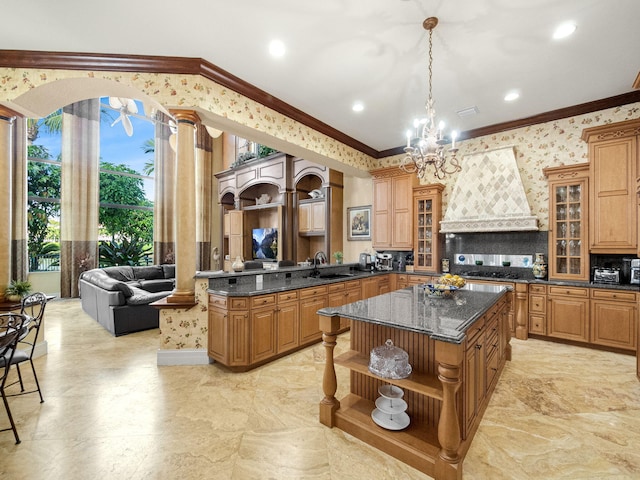 kitchen featuring a sink, open shelves, ornamental molding, and custom exhaust hood