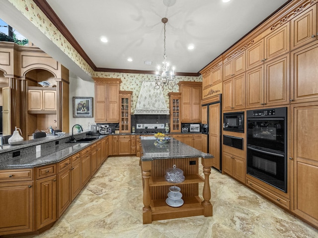 kitchen featuring wallpapered walls, crown molding, open shelves, black appliances, and custom range hood