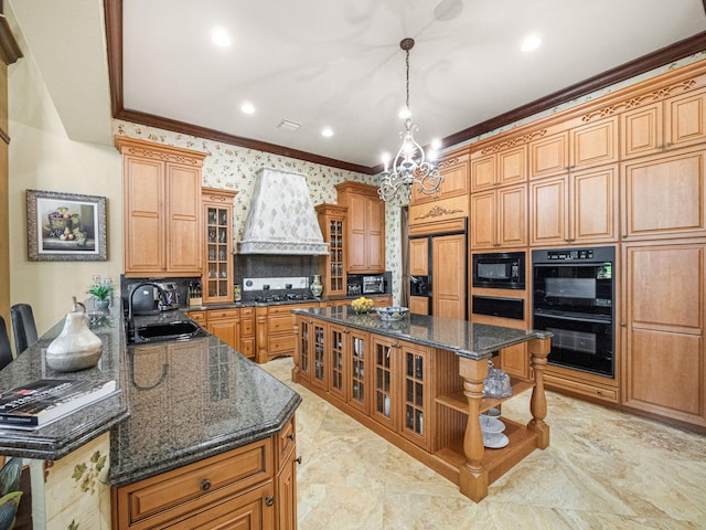 kitchen featuring ornamental molding, black appliances, premium range hood, open shelves, and a sink