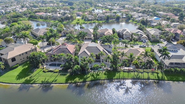 aerial view featuring a water view and a residential view