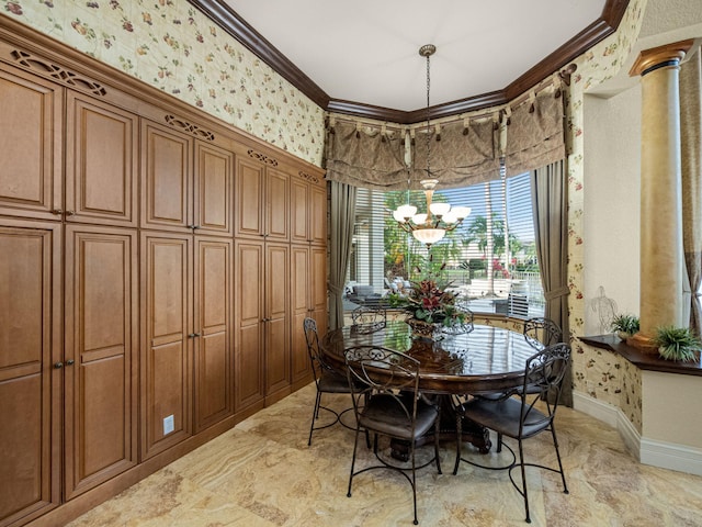 dining space featuring wallpapered walls, baseboards, marble finish floor, an inviting chandelier, and crown molding