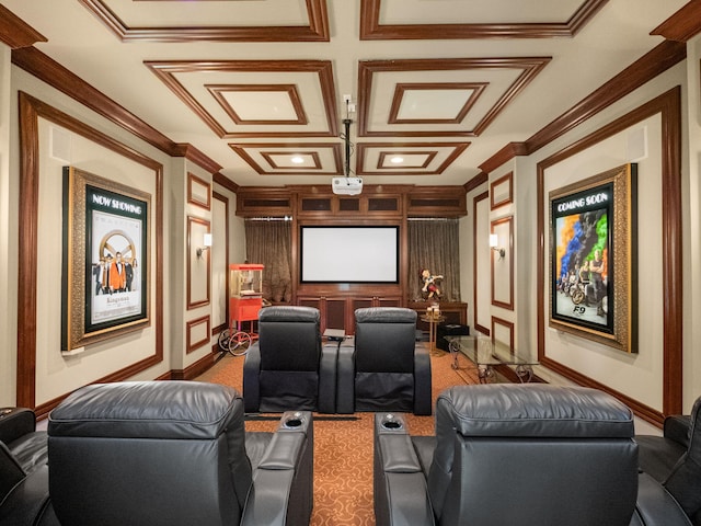 carpeted cinema featuring baseboards, coffered ceiling, and crown molding