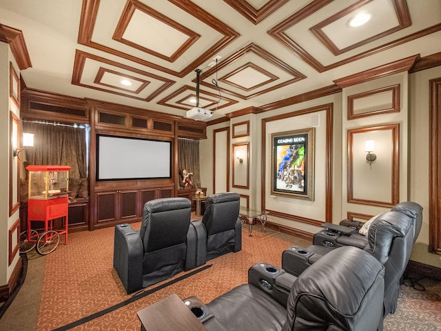 home theater room with carpet floors, coffered ceiling, and crown molding