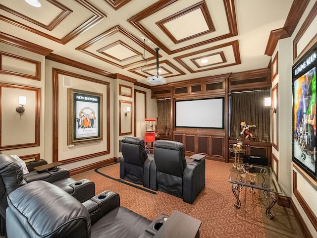 carpeted cinema with baseboards, a decorative wall, coffered ceiling, and crown molding