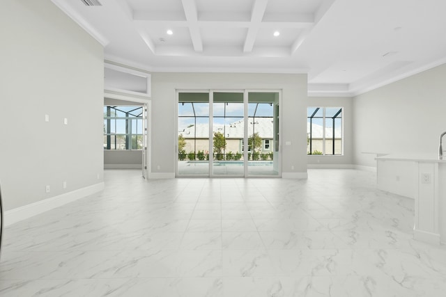 unfurnished living room featuring baseboards, coffered ceiling, marble finish floor, a high ceiling, and beam ceiling