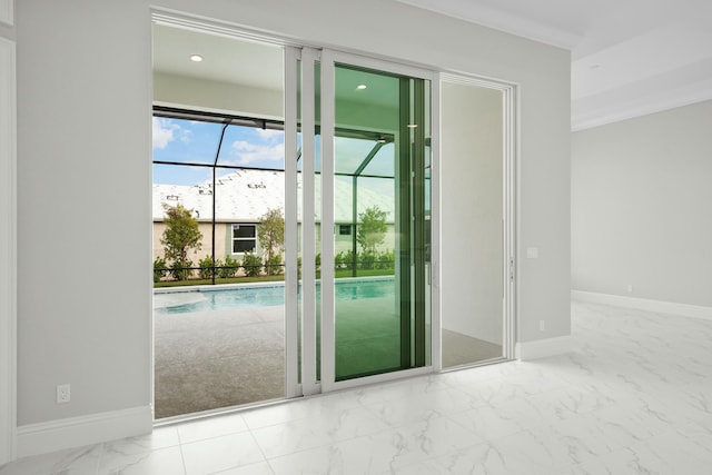 doorway with marble finish floor and baseboards