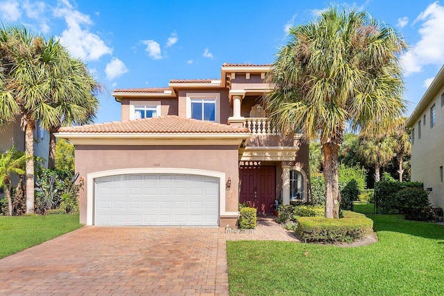 mediterranean / spanish home featuring a balcony, a garage, decorative driveway, stucco siding, and a front yard