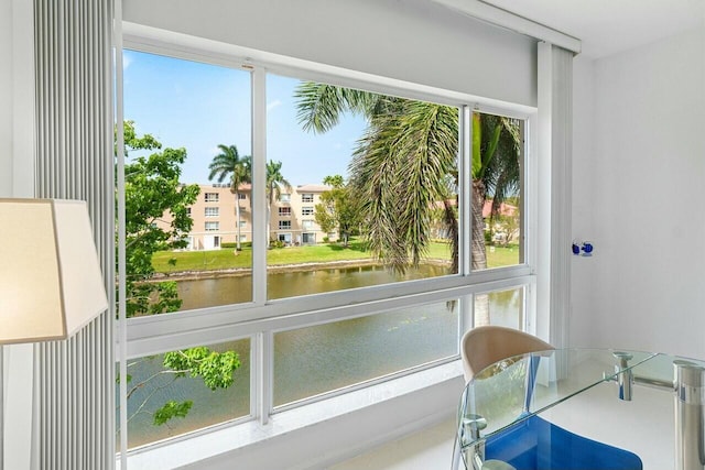 entryway with a water view