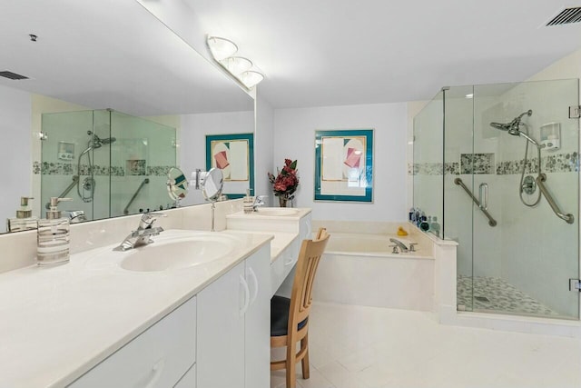 full bath with a stall shower, visible vents, and a garden tub