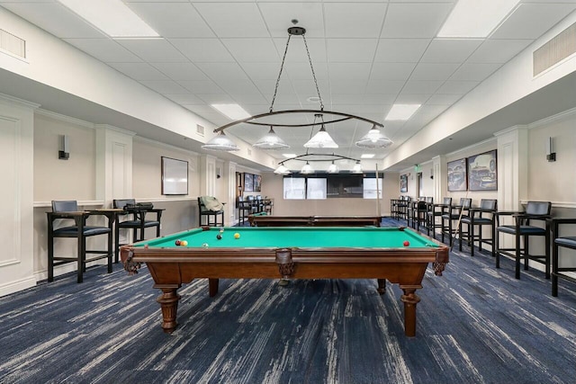 playroom with pool table, a paneled ceiling, carpet flooring, and visible vents