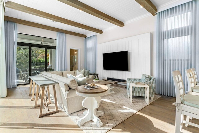 living room with wood finished floors and beam ceiling