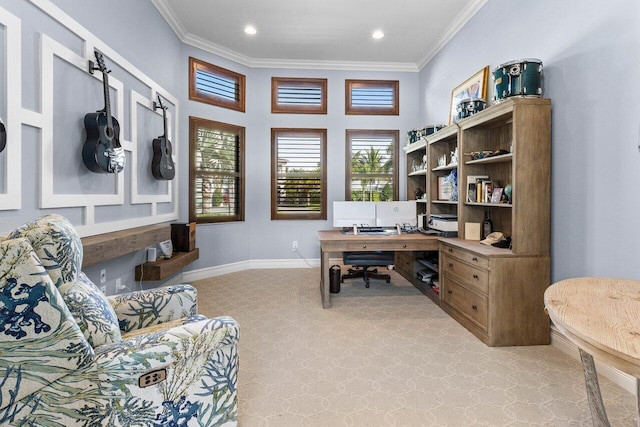 office space with baseboards, ornamental molding, recessed lighting, and light colored carpet