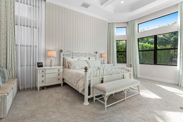 carpeted bedroom featuring coffered ceiling, visible vents, baseboards, beamed ceiling, and crown molding