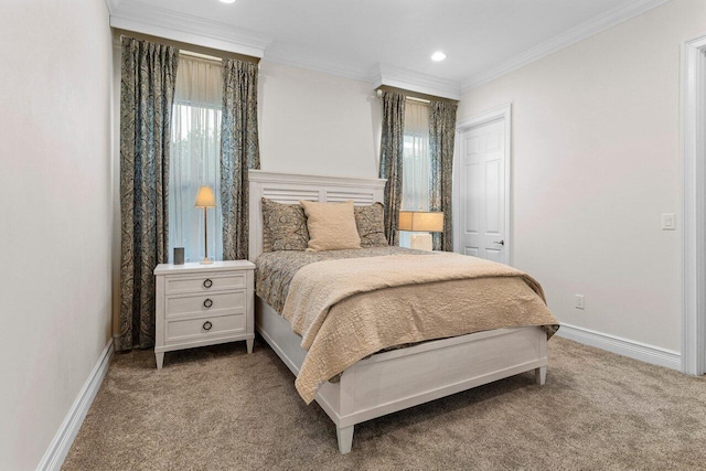 bedroom with carpet floors, recessed lighting, baseboards, and ornamental molding