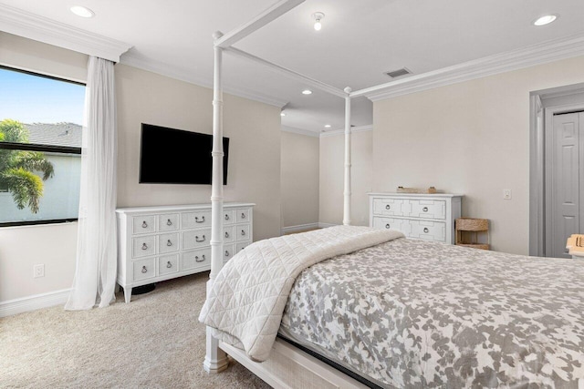 carpeted bedroom featuring visible vents, baseboards, crown molding, and recessed lighting