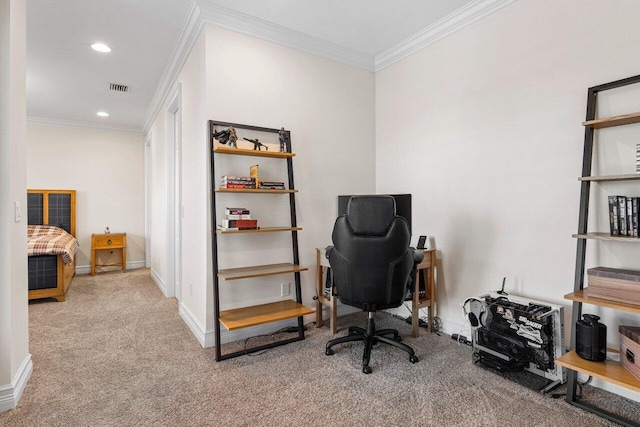 carpeted home office featuring recessed lighting, visible vents, baseboards, and ornamental molding