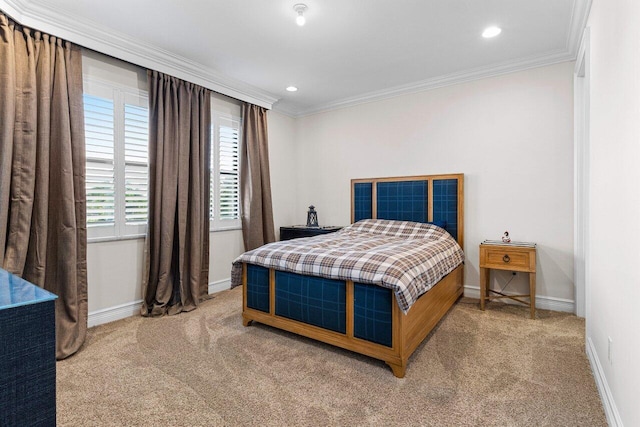 bedroom featuring ornamental molding, recessed lighting, light colored carpet, and baseboards