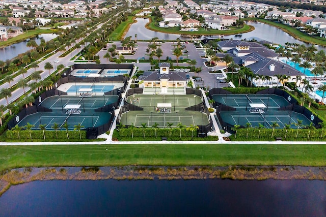 aerial view featuring a water view and a residential view