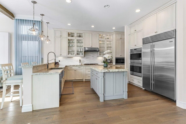 kitchen featuring built in appliances, under cabinet range hood, a peninsula, wood finished floors, and a sink