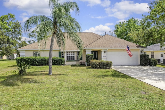 1749 SE Berkshire Blvd, Port Saint Lucie, FL 34952 - ranch-style home with stucco siding, a shingled roof, an attached garage, driveway, and a front lawn