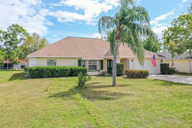 ranch-style house with concrete driveway, an attached garage, a front lawn, and stucco siding